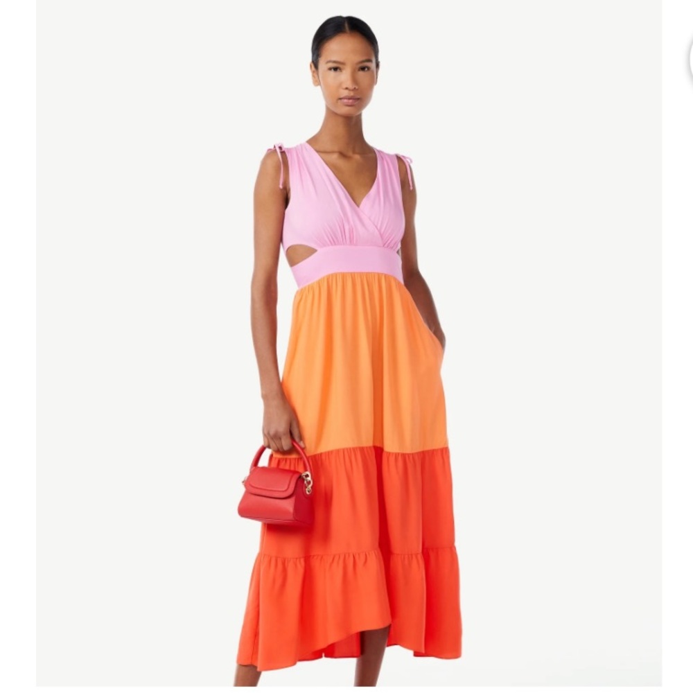 Pink and orange color block tiered maxi sundress